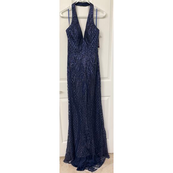 Abby Paris 90011 Formal midnight blue Glitter Gown 8 halter open back NWT $269 - Picture 8 of 14
